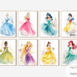 Set of 8 Princess Prints, Fairy Tale Castle, Girl Room Decor, Baby Girl Wall Art, Girl Gift, Watercolor Princess Theme, Digital Download