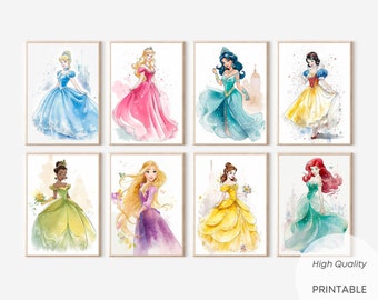 Set of 8 Princess Prints, Fairy Tale Castle, Girl Room Decor, Baby Girl Wall Art, Girl Gift, Watercolor Princess Theme, Digital Download