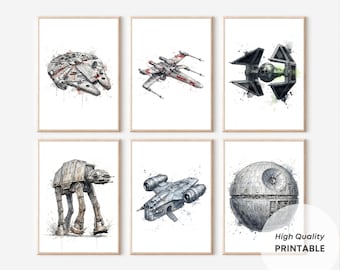 Set of 6 Star Wars Prints | Millennium Falcon X-Wing AT-AT Death Star Wall Art | Boys Room Man Cave Decor | Watercolor Digital Download