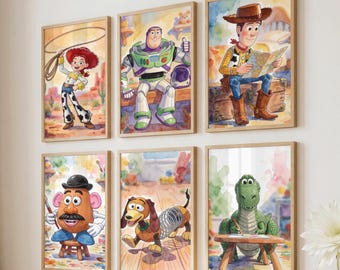 Set of 8 Watercolor Toy Story Decor, Woody Buzz Jessie Prints, Kids Room Wall Art (Digital Download)