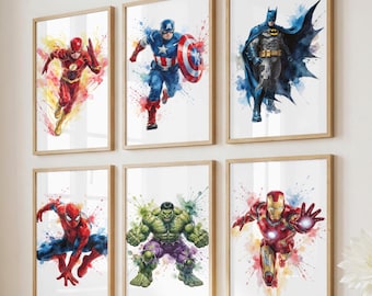 Ensemble de 7 affiches aquarelle de super-héros - Cadeau pour garçons, décoration murale pour chambre d'enfant, décoration de salle de jeux, cadeau d'anniversaire, affiches de super-héros à imprimer