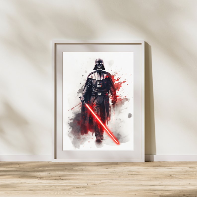 May include: A black and white illustration of Darth Vader from Star Wars, holding a red lightsaber. The background is a watercolor wash of gray and red.