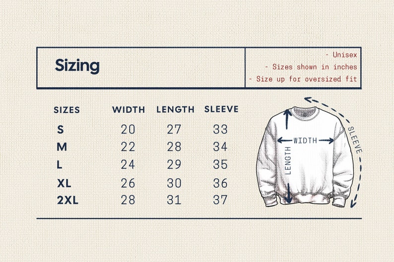 May include: Sizing chart for a unisex sweatshirt with measurements in inches for width, length, and sleeve length. Sizes include S, M, L, XL, and 2XL.
