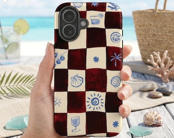 Mediterranean Coastal Checkered iPhone 17 16 Pro Max Case, Aesthetic Summer Beach Phone Cover, Cute Seashell Sun Vacation Gift for Her