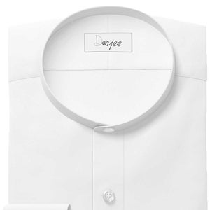 May include: A white dress shirt with a mandarin collar and three buttons. The shirt has a label that says "Darjee".