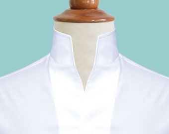 High Open Collar White Shirt Concealed Placket Men's One Piece Dress Shirt Tall V Neck China Mandarin Stiff Collar Easy Iron Work Wear Shirt