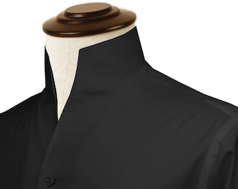 Jet Black Karl Lagerfeld Style Shirt Open Buttonless Collar Dress Shirts For Mens/ Tall Neck Shirt, Big Collar Shirt/ High Open Collar Shirt
