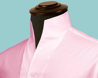 High Collar Pink Satin Men's Shirt Buttonless V Neck Collar Shirt High Tall Neck Collar Chinese Mandarin High Band Collar Cotton Dress Shirt