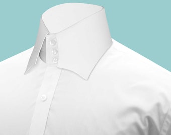 Solid White Shirt Chisel High Collar Shirt Ozwald Style Shirt, 3&quot; High Neck 3 Buttons Collar, Two Pointed Star Collar, Men Cotton Shirt
