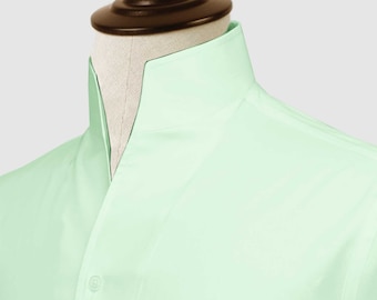 Mint Green High Band Collar Shirt for Men Fathers Day Gift For Him Tall Neck High Open Chinese Mandarin Collar Egyptian Cotton Dress Shirt