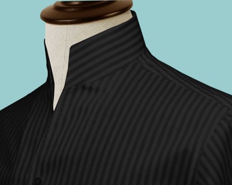 High Standing Open Buttonless Collar Dress Shirt Collar Too High Black Stripes High Band China Mandarin Standing Collar Men Cotton Shirt