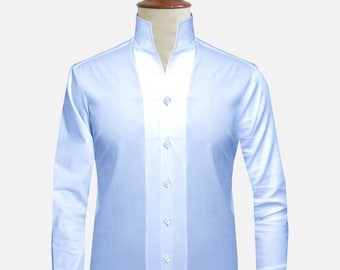 Sky Blue Men Shirt in High Open Collar Shirt Tall Neck Stiff Collar Father Day Gift For Him Giza Cotton Shirt Chinese Banded Collar Shirt