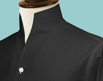 Jet Black High Open Collar Shirt - Karl Lagerfeld Style - Made to