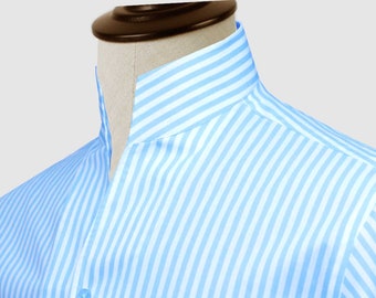 Karl Lagerfeld Style Sky Blue Striped Open Buttonless Collar Dress Shirts For Men Tall Neck Shirt Big Collar Shirt High Open V Collar Shirt