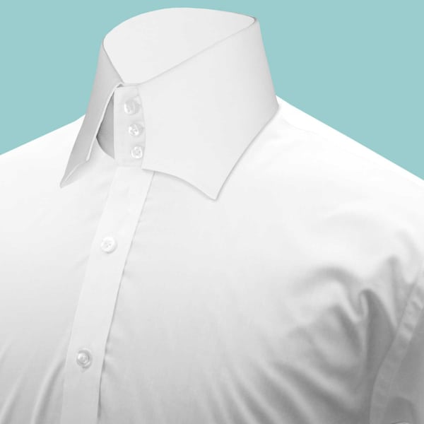 Solid White Shirt Chisel High Collar Shirt Ozwald Style Shirt, 3" High Neck 3 Buttons Collar, Two Pointed Star Collar, Men Cotton Shirt