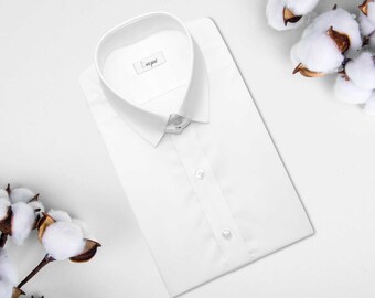 james bond white dress shirt James Bond Style 100% Cotton Solid White Snap Tabbed Loop Collar Dress Shirt Men's/ Collar / Skyfall's, Tom Ford, Celebrity Outfit Style