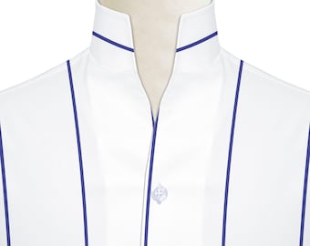 Navy Blue White Striped Men Shirt High Stand Collar Shirt Buttonless V Collar Shirt High Tall Neck Collar China High Band Collar Dress Shirt