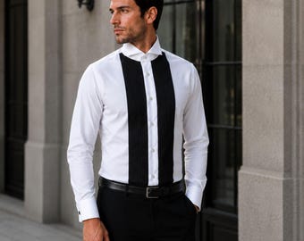 Camicia da uomo bianca da smoking con colletto a alette, abito da cerimonia plissettato, abito da cerimonia vintage con fiocco, colletto grafton, pettorina, camicia da festa edoardiana, colletto a punta affilata