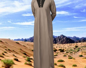Grey Cotton Men's Thobe: Emirati Style Islamic Robe
