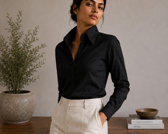 Women High Long Pointed Black Blouse Pure Linen Shirt for Tall Neck Collar Shirt Large Collar Big Collar Vintage Shirt Karl Lagerfeld Style