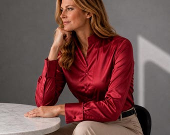 Red Women Shirt High Collar Shirt Buttonless V Neck Collar Shirt High Tall Neck Collar China High Band Collar Pure Silk Shirt Office Wear