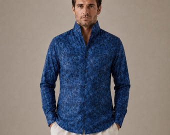 Blue Floral Printed Chinese Mandarin High Band Collar Shirt One Piece Men Shirt Buttonless Tall V Neck Collar Shirt Collar Party Wear Shirt