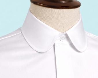 Peaky Blinder Style Attire/ Solid White Shirt Penny Club Round Tip Peter Pan Collar Vintage Wedding Dress Shirt Mens Silk Shelby Brothers