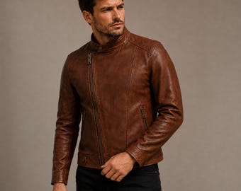 Giacca da motociclista vintage da uomo in vera pelle di pecora marrone, vestibilità slim, realizzata a mano, stile cafe racer, cappotto stile moto