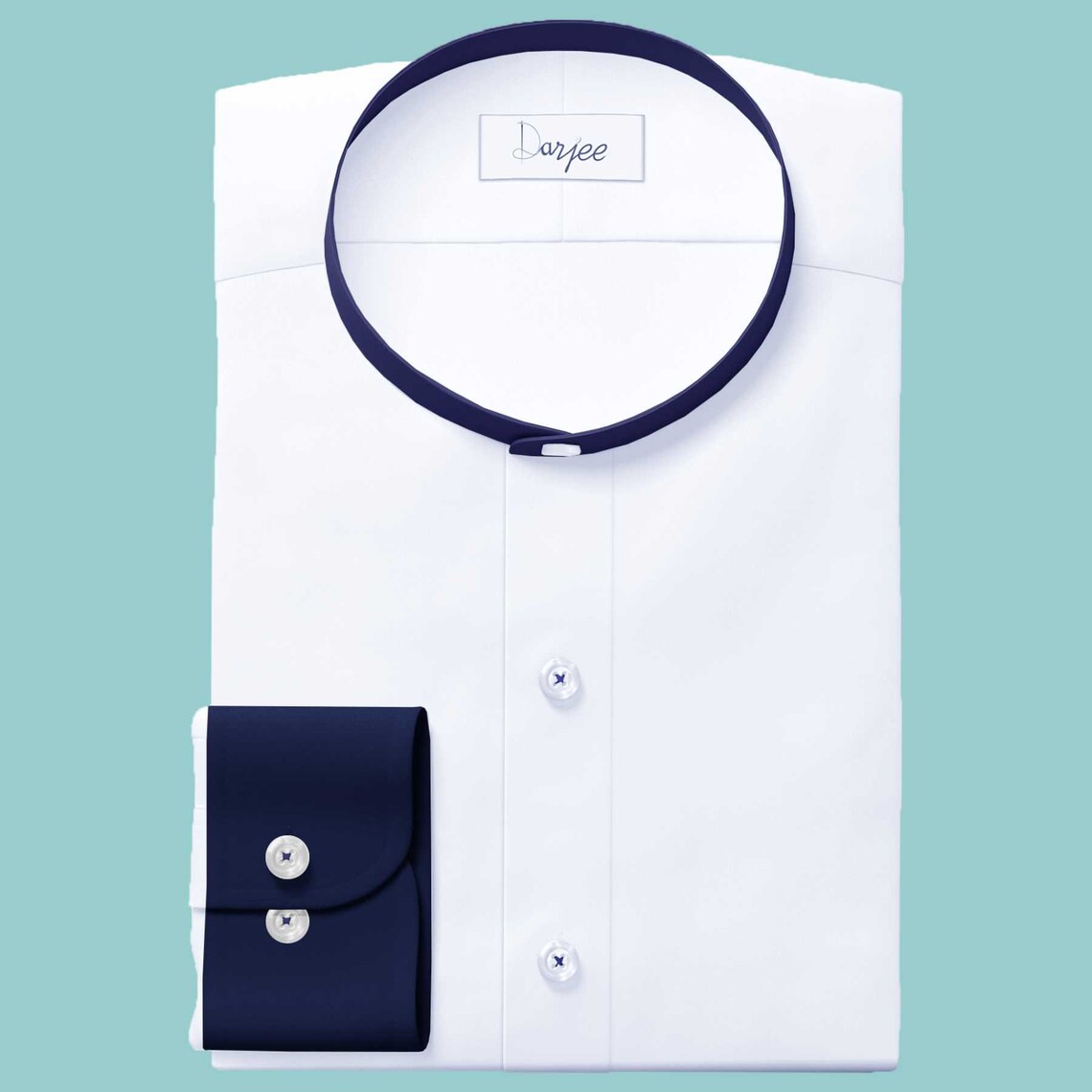 White Men Band Collar Shirt Contrasting Trim Grandad Chinese Mandarin