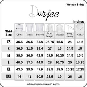 May include: A white shirt size chart with measurements in inches. The chart includes sizes XS to XXL, detailing chest, waist, bottom, front length, shoulder, long sleeve, and collar measurements. The brand name "Darjee" is at the top.