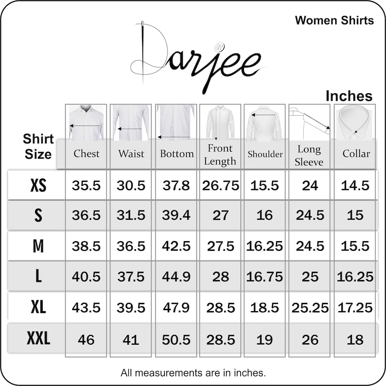 May include: A white shirt size chart with measurements in inches. The chart includes sizes XS to XXL, detailing chest, waist, bottom, front length, shoulder, long sleeve, and collar measurements. The brand name "Darjee" is at the top.