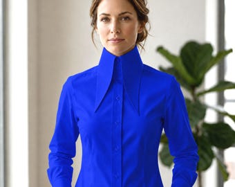 Royal Blue High Extreme Long Pointed Women Blouse Shirt Karl lagerfeld Style Tall Neck Collar Shirt Large Collar Big Collar Vintage Shirt