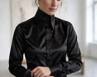 Black Women Pure Silk Blouse Shirt High Long Pointed Shirt Tall Neck Collar Shirt Large Collar Big Collar Vintage Shirt Karl Lagerfeld Style