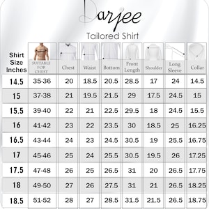 May include: A chart showing shirt sizes in inches with measurements for chest, waist, bottom, front length, shoulder, long sleeve, and collar. The chart is labeled "Tailored Shirt".