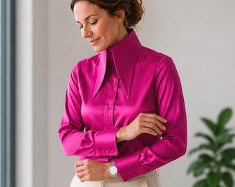 Karl lagerfeld Style High 7 Inch Long Pointed Women Fuchsia Pure Silk Shirt Tall Neck Collar Shirt Large Collar Big Collar Vintage Shirt