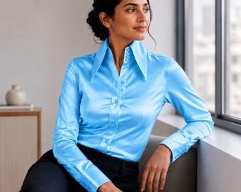Sea Blue Women Silk Blouse Shirt High Long Pointed Shirt Tall Neck Collar Shirt Large Collar Big Collar Vintage Shirt Karl Lagerfeld Style