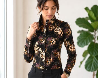 Karl lagerfeld Style High 7 Inch Long Pointed Floral Printed Shirt for Women Tall Neck Collar Shirt Large Collar Gangster Big Collar Vintage
