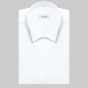May include: A white dress shirt with a wing collar and a single button closure. The shirt has a label that says "Darjee".