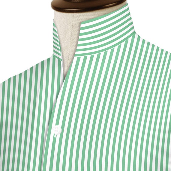 Olive Green Striped Men's Shirt High Collar Shirt Buttonless V Collar Shirt High Tall Neck Collar China High Band Collar Cotton Dress Shirt