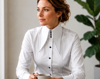 Karl lagerfeld Style High 7 Inch Long Pointed White Women Shirt Tall Neck Collar Shirt Large Collar Contrast Stitch Vintage Big Collar Shirt