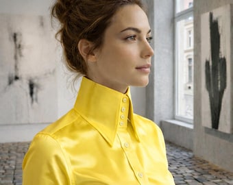 Yellow Women Pure Silk Blouse Shirt High Long Point Shirt Tall Neck Collar Shirt Large Collar Big Collar Vintage Shirt Karl Lagerfeld Style