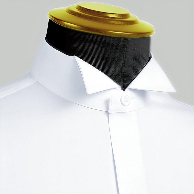 May include: A white dress shirt with a pointed collar and a single button closure. The collar is folded down and the shirt is on a mannequin.