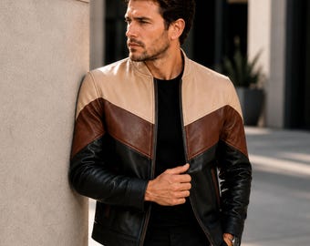 Giacca da motociclista da uomo in pelle fatta a mano, in vera pelle di pecora, stile vintage, giacca bomber tricolore a blocchi per uomo, ideale per l'inverno.