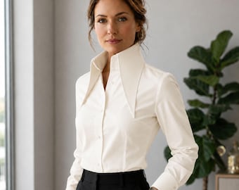 Solid Cream High Extreme Long Pointed Women Blouse Shirt Karl lagerfeld Style Tall Neck Collar Shirt Large Collar Big Collar Vintage Shirt