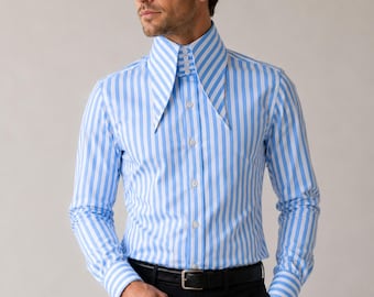Sky Blue Striped High Long Extreme Pointed Men Shirt Tall Neck Stiff Collar Shirt Large Collar Big Collar Karl lagerfeld Style Vintage Shirt