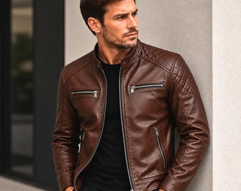 Giacca da motociclista da uomo in vera pelle di pecora marrone, realizzata a mano, stile vintage, giacca invernale da moto, cappotto stile cafe racer.