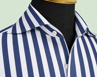 Long Spear Pointed Collar Shirt Vintage Style Cutaway Dagger Collar Shirt Navy Blue Striped Shirt Men's Handmade Long Sleeves Clothing Shirt
