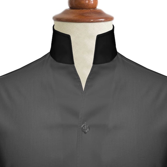 Karl Lagerfeld Style Dark Grey Open Buttonless Collar Shirt