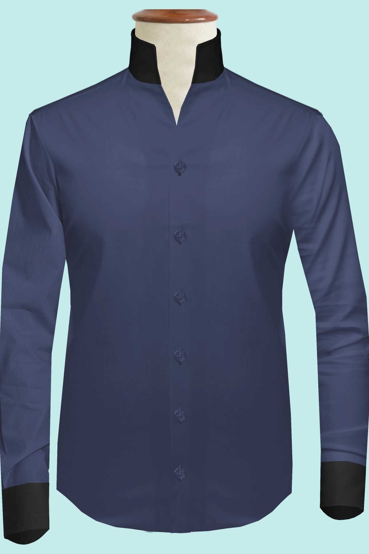 Navy Blue One Piece Collar Shirt for Men Gift Giza Cotton Satin Navy Blue One Piece Collar Shirt for Men Gift Giza Cotton Satin