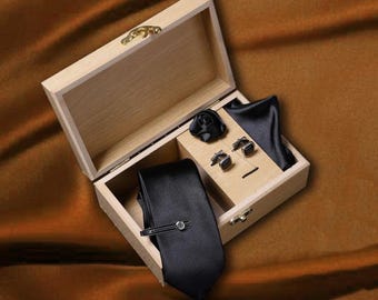 Men Black Tie Cuff links Accessories For Shirt Suite Pocket Square Black Rose Lapel Pin Bar Tie Clip Set Groomsmen Gift For Him In Box